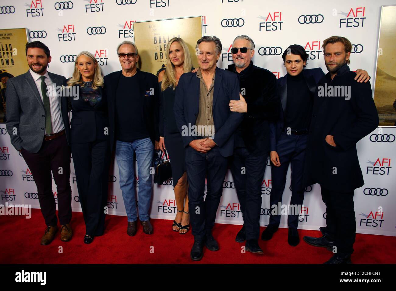 (L-R) Jared Moshe, Margaret DeVogelaere, Peter Fonda, Dina Livingston, Bill Pullman, Tommy Flanagan, Diego Josef, and Joe Anderson arrive for the screening of 'The Ballad of Lefty Brown' at the AFI Film Festival in Los Angeles, California, U.S., November 14, 2017.      REUTERS/Mike Blake Stock Photo