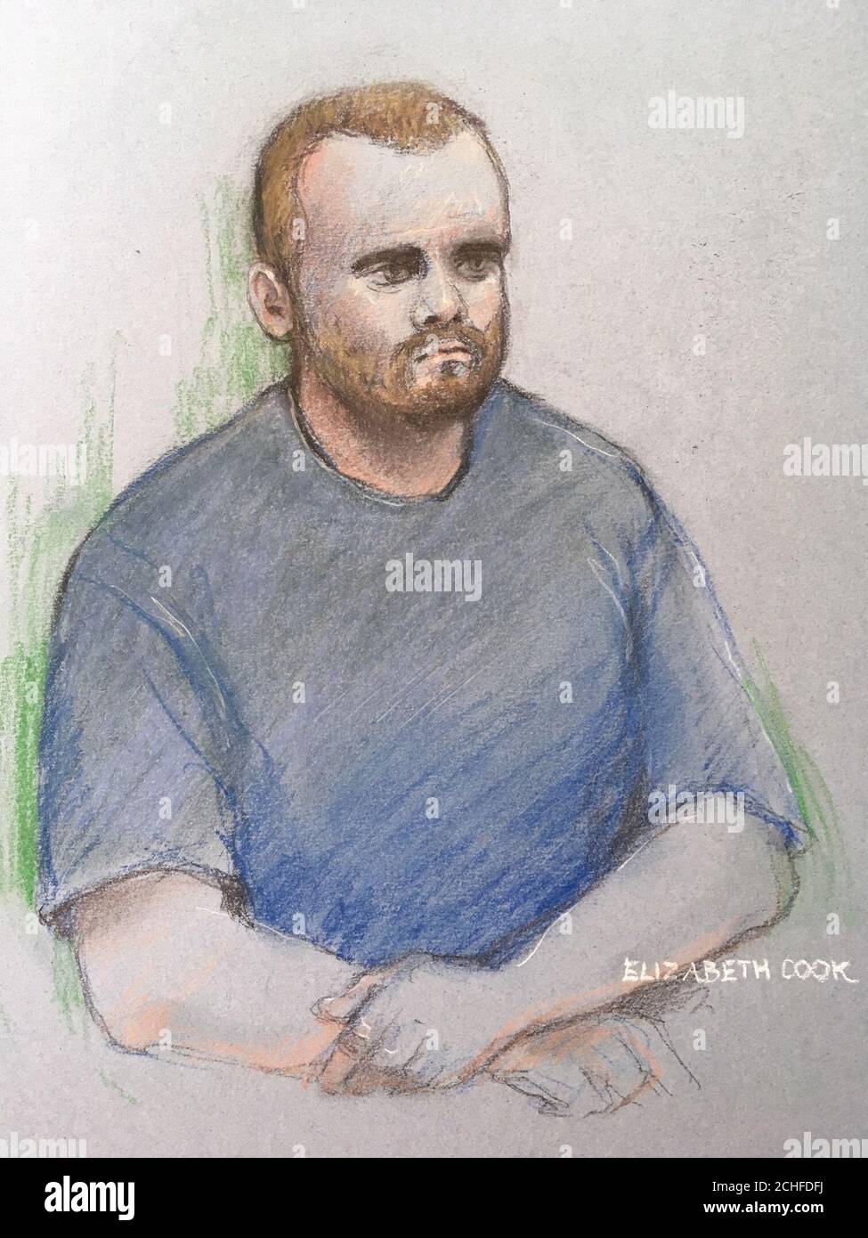 Jonty Bravery appearing at the Old Bailey in London. The teenage suspect accused of throwing a young French boy from the viewing platform of the Tate Modern art gallery can now be named after a reporting restriction protecting his identity expired. Court artist sketch by Elizabeth Cook dated 8/8/2019. Stock Photo
