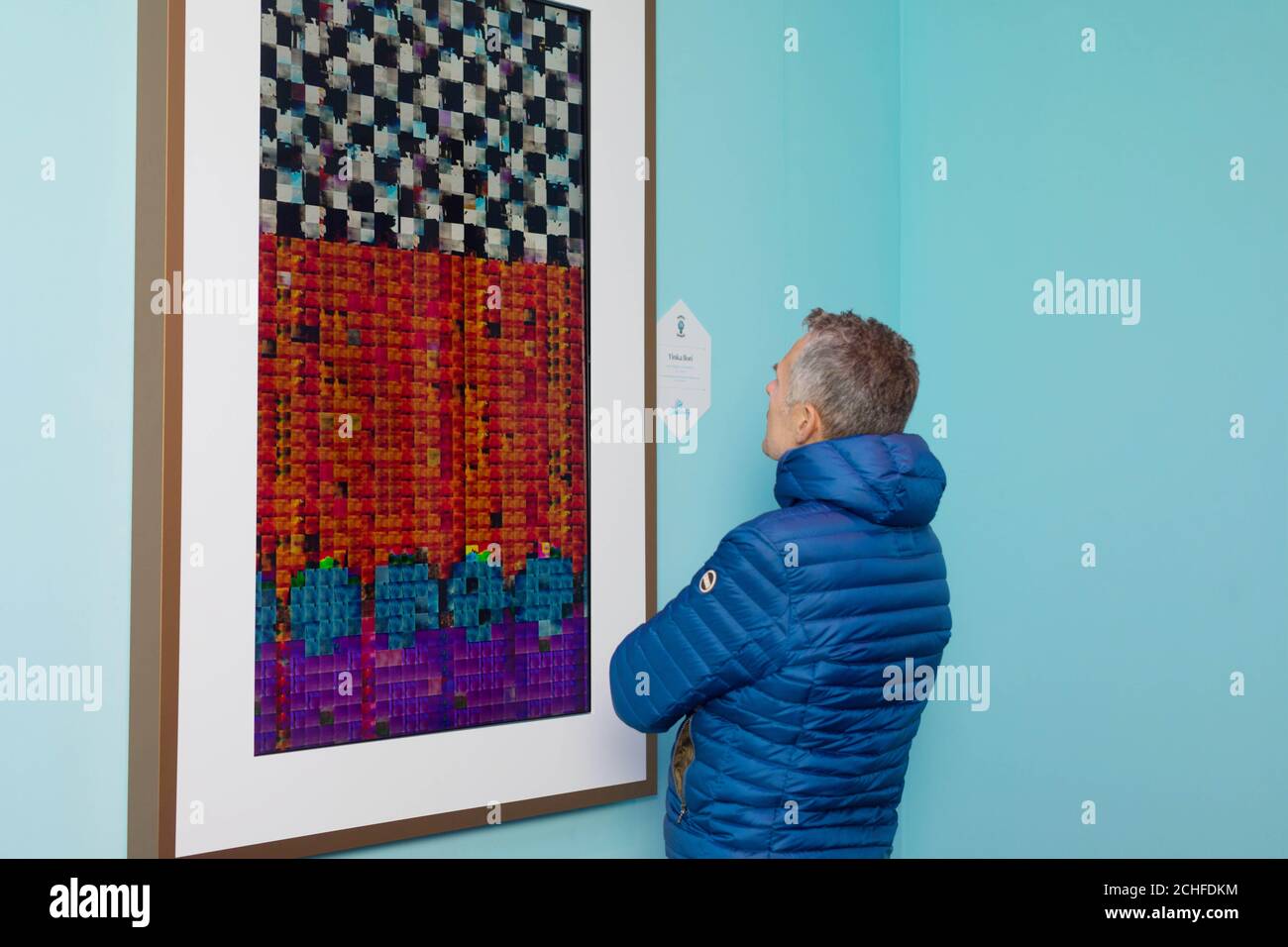 Guests attend the Bombay Sapphire Stir Creativity Lounge at Frieze London, where the gin brand is launching a new Artificial Intelligence art collection in collaboration with artist Yinka Ilori. Stock Photo