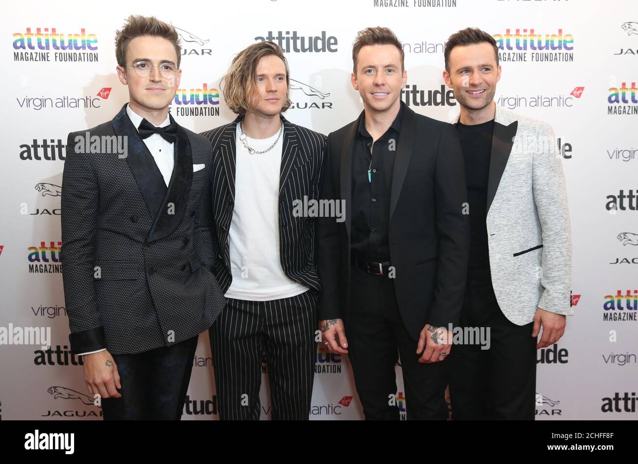 EDITORIAL USE ONLY McFly (left to right) Tom Fletcher, Dougie Poynter, Danny Jones and Harry Judd, attend the Virgin Atlantic Attitude Awards at the Roundhouse, London. PA Photo. Picture date: Wednesday October 9, 2019. Photo credit should read: Matt Alexander/PA Wire  Stock Photo