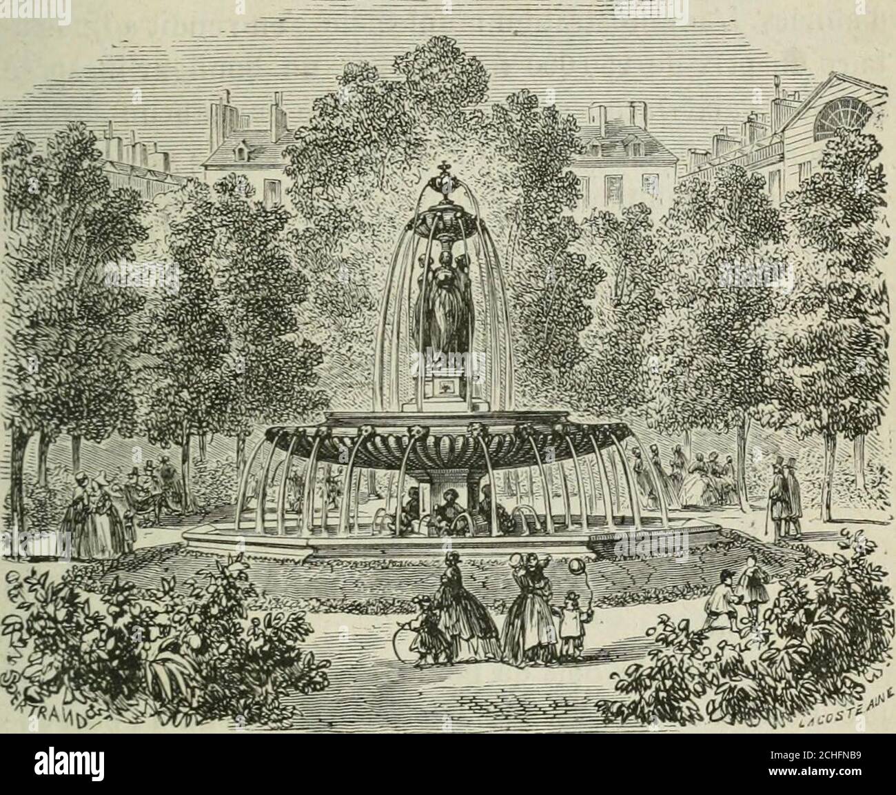 . Les merveilles du nouveau Paris-- . levard Malesherbes, il fut considérable-ment amoindri, mais ce qui en est resté a été embelli avecbeaucoup de goût. Les nombreuses pièces deau et lesarbres magnifiques qui ornent ce parc en font une prome-nade du plus grand attrait. (V. page 73.) La plupart des squares de Paris sont fort jolis et peuventêtre considérés comme un véritable bienfait pour les ha-bitations environnantes. Les principaux sont ceux de la place Louvois; des Inno-cents, établi sur lemplacement de lancien marché des Inno-cents, et dont la fontaine, attribuée à Jean Goujon, formele pl Stock Photo