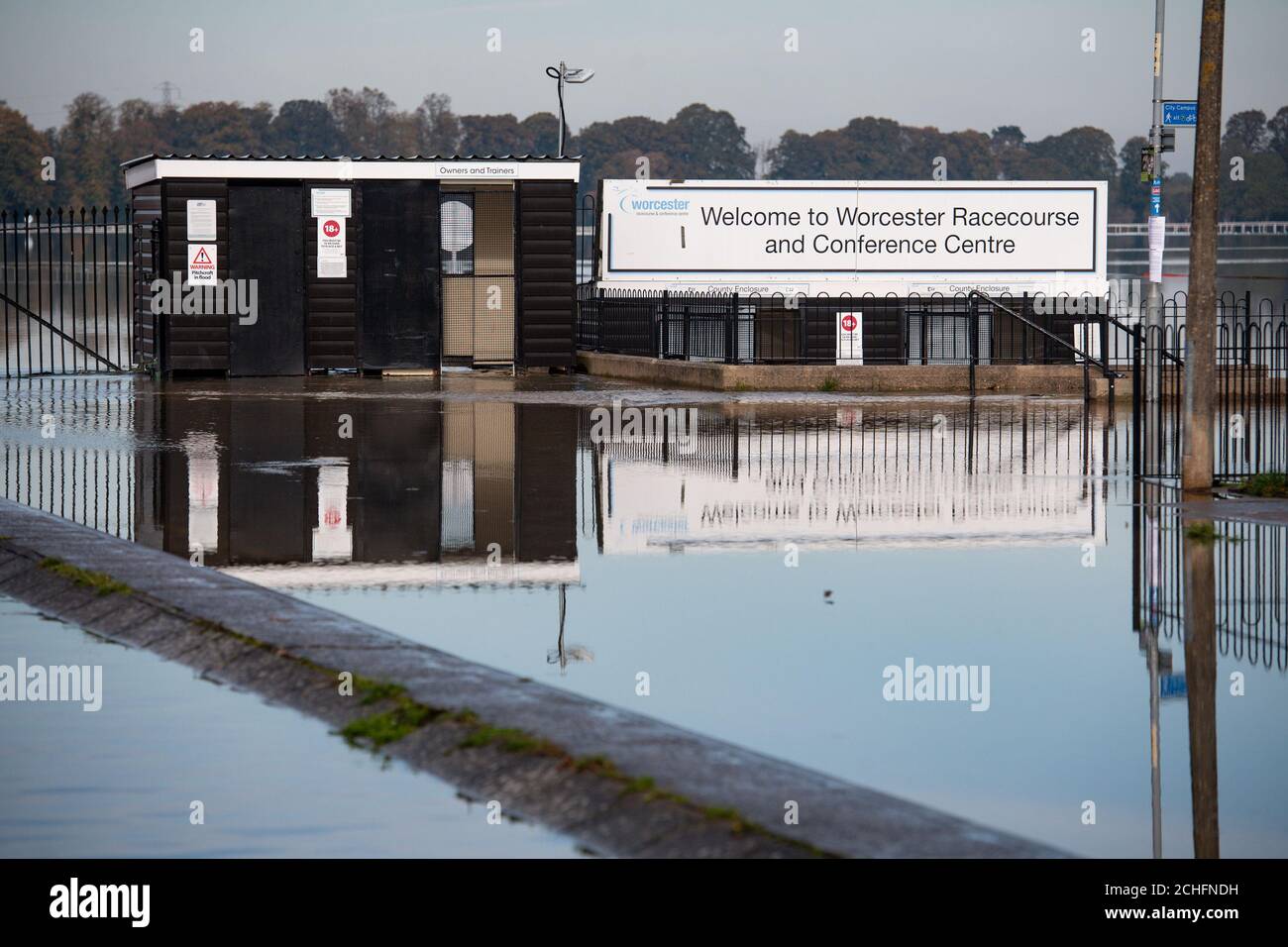 Worcester Racecourse under several feet of water, as the UK has been hit by widespread flooding after rivers burst their banks following the weekend???s heavy rain. Stock Photo