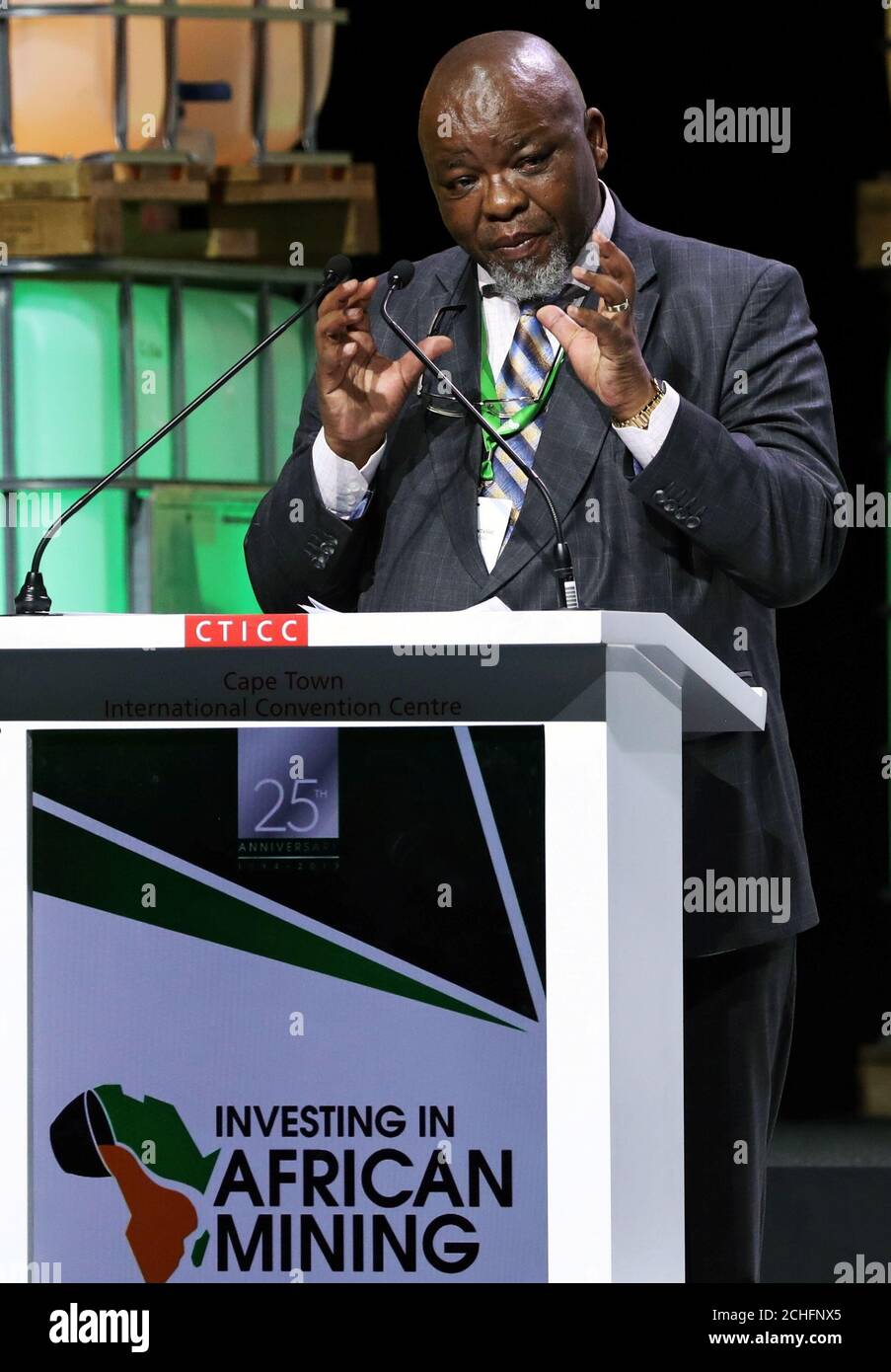 South Africa's Minister of Mineral Resources Gwede Mantashe opens the Investing in African Mining Indaba conference in Cape Town, South Africa February 4, 2019.  REUTERS/Mike Hutchings Stock Photo