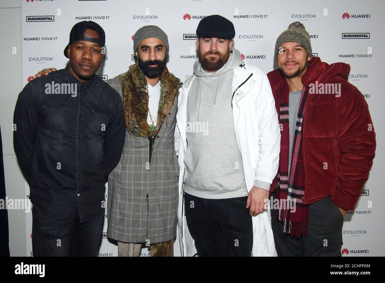 EDITORIAL USE ONLY Rudimental backstage at the Huawei nova 5T Battersea Park Fireworks Afterparty, London. Stock Photo