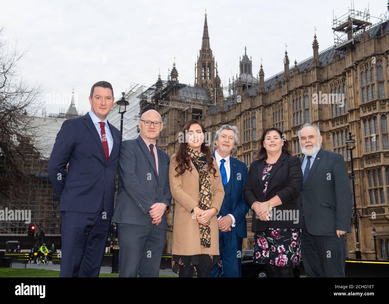 Recently elected Sinn Fein MPs (left to right) John Finucane, Paul Maskey, Orfhlaith Begley, Mickey Brady, Michelle Gildernew, and Francie Molloy, outside the Houses of Parliament, in Westminster, London. Stock Photo