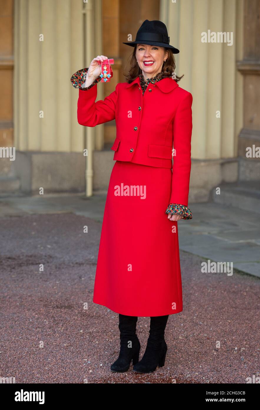 Former Downing Street Joint Chief of Staff Fiona Hill with her Commander of the Order of the British Empire (CBE) medal, following an Investiture ceremony at Buckingham Palace, London. Stock Photo