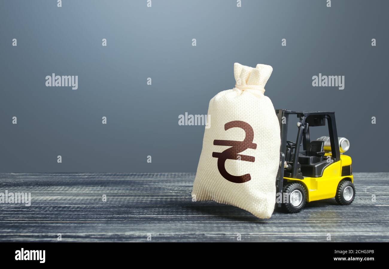 Forklift transports a ukrainian hryvnia money bag. Investing in economy. Economic support, lending. Crisis recovery measures. Borrowing on capital mar Stock Photo