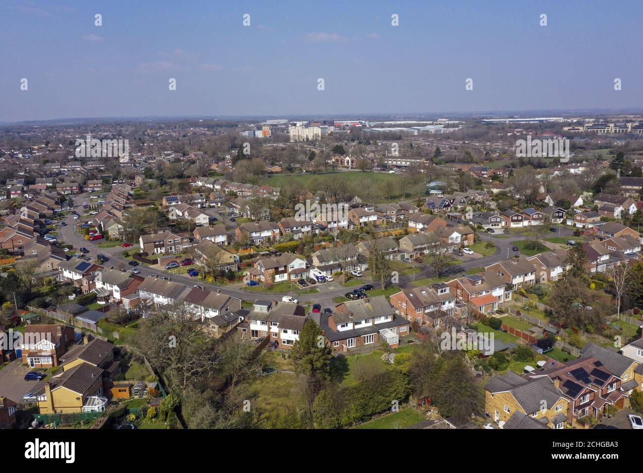 A aerial view of Leverstock Green, near Hemel Hempstead. PA Photo. Picture date: Friday March 27, 2020. The UK's coronavirus death toll reached 578 on Thursday. See PA story HEALTH Coronavirus. Photo credit should read: Steve Parsons/PA Wire Stock Photo