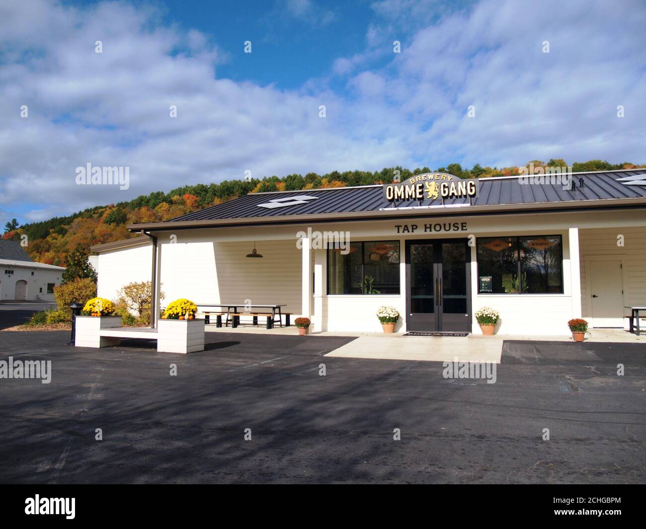 Cooperstown, NY / USA - October, 11, 2019: The Brewery Ommegang tap room, home of Belgian ales and Game of Thrones beers is shown during autumn colors Stock Photo