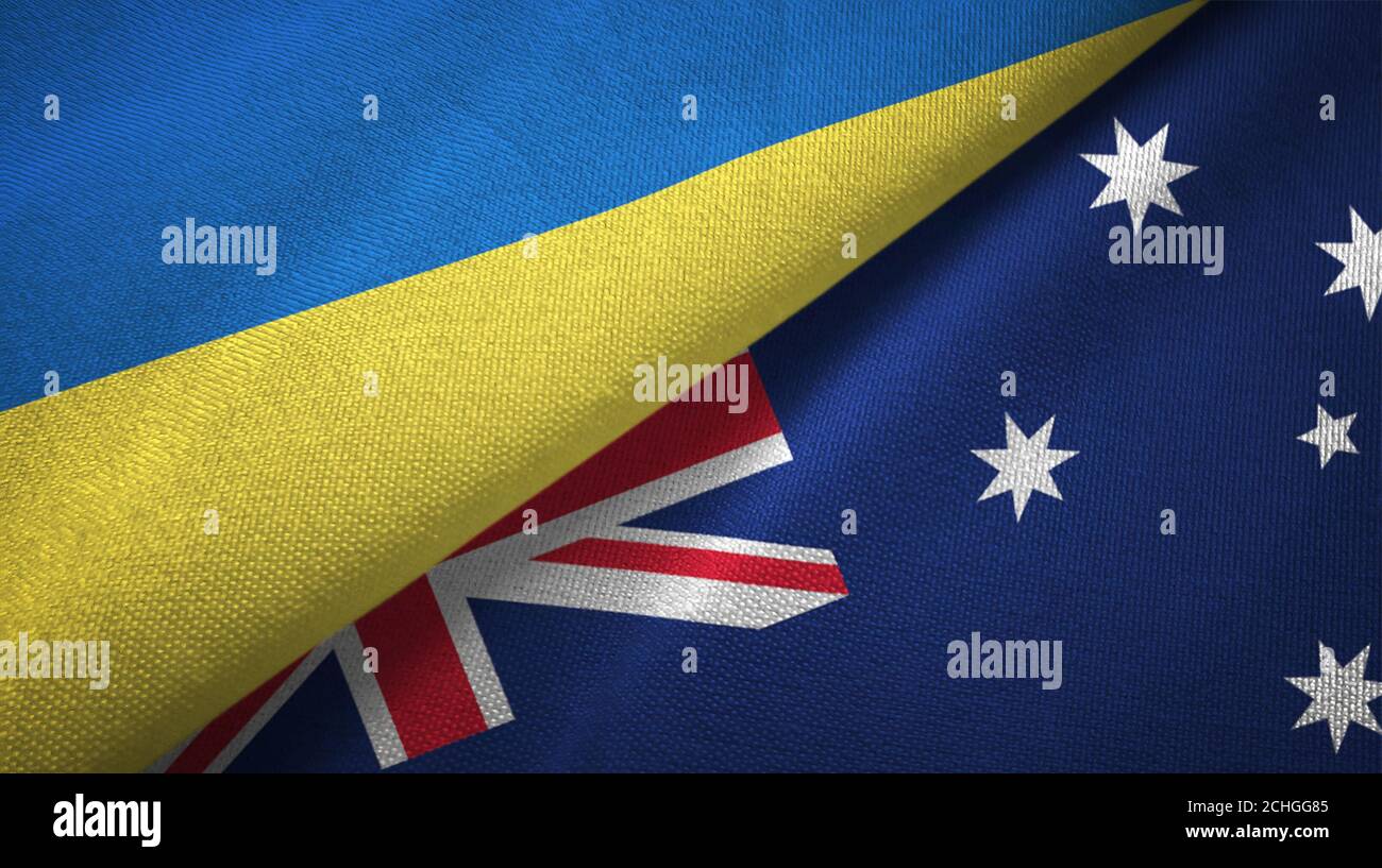 Ukraine and Australia two flags textile cloth, fabric texture Stock Photo