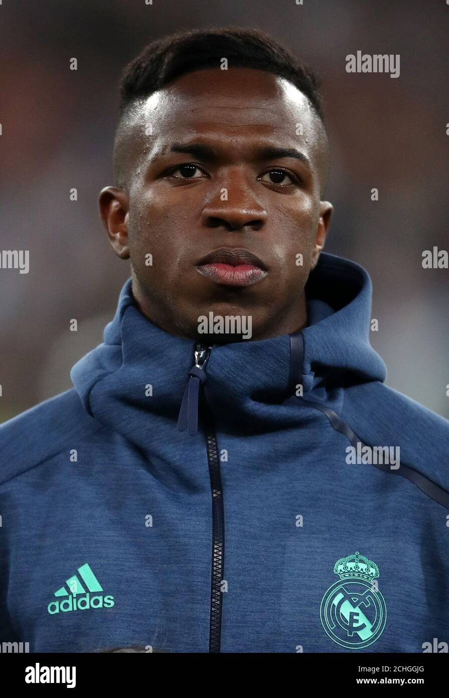 Real Madrid's Vinicius Junior during the UEFA Champions League round of 16 first leg match at the Santiago Bernabeu, Madrid. Stock Photo