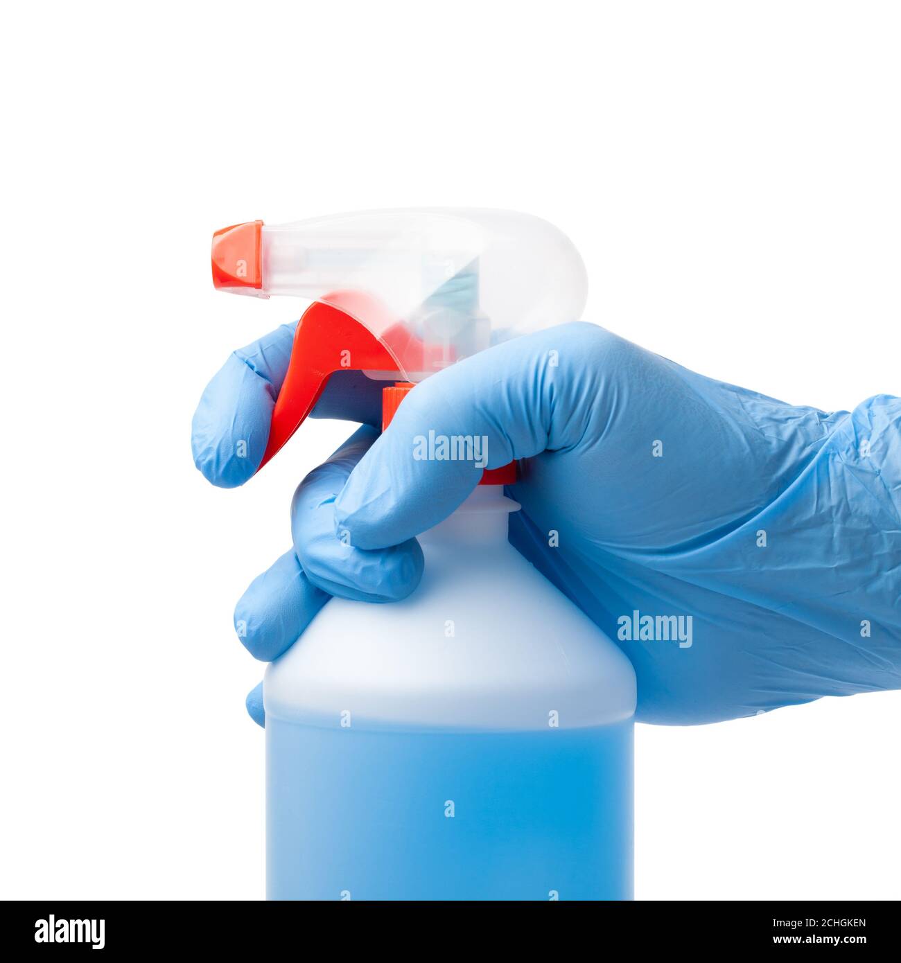 Human hand in a blue medical glove and bottle with disinfectant isolated on white Stock Photo