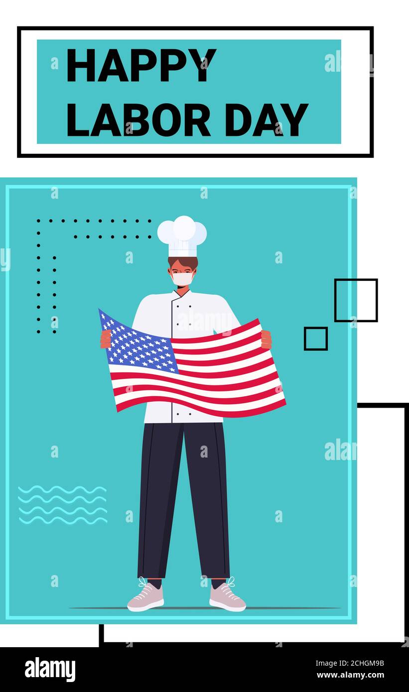 chef in uniform holding USA flag happy labor day celebration concept