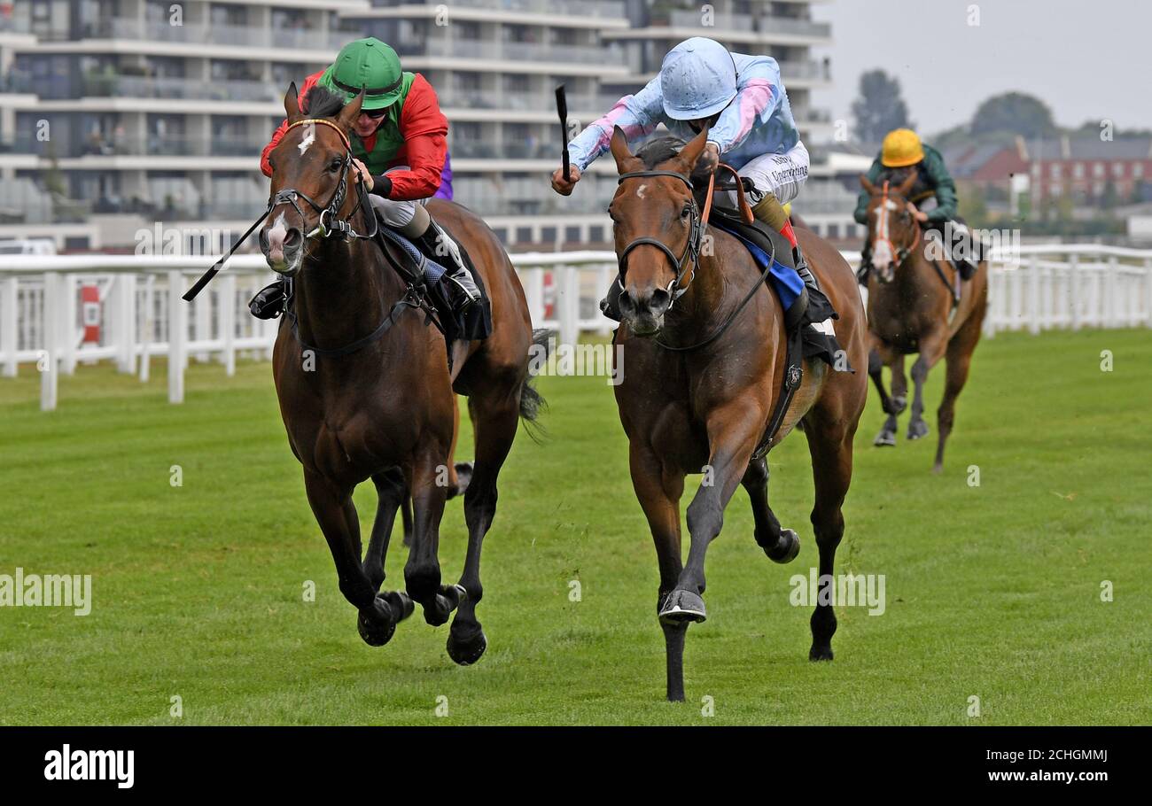 Stylistique ridden by Andrea Atzeni (right) wins the Watch and Bet with MansionBet at Newbury Fillies’ Novice Stakes at Newbury Racecourse. PA Photo. Issue date: Thursday June 11, 2020. See PA story RACING Newbury. Photo credit should read: Francesca Altoft/PA Wire Stock Photo
