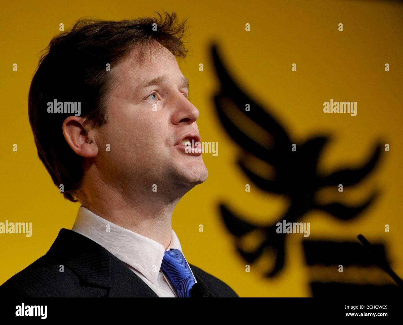 Nick Clegg delivers his first speech as leader of the Liberal Democrats at the London School of Economics, London today. Stock Photo