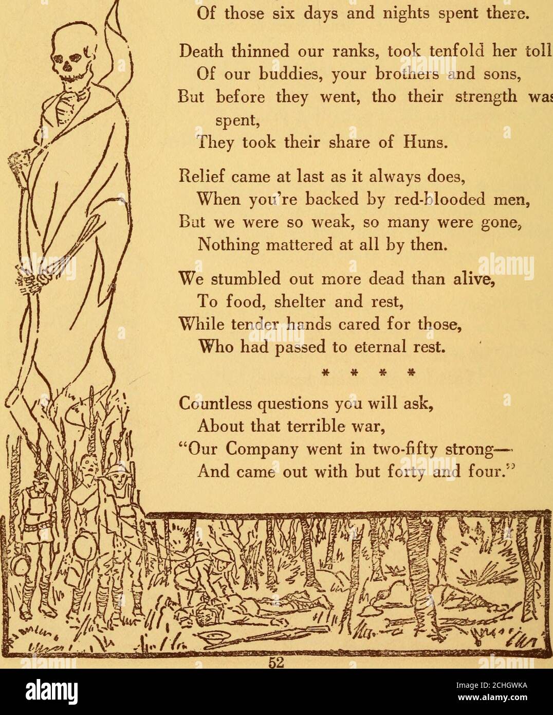 History and rhymes of the lost battalion . Rhymes of a Lost Battalion  Doughboy. Fighting all day, holding out by pure grit,And fighting at night  by the flare, The suffering we