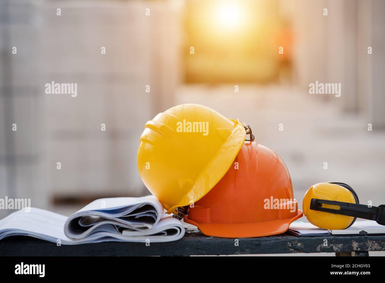 Close-up helmet in the construction site Stock Photo
