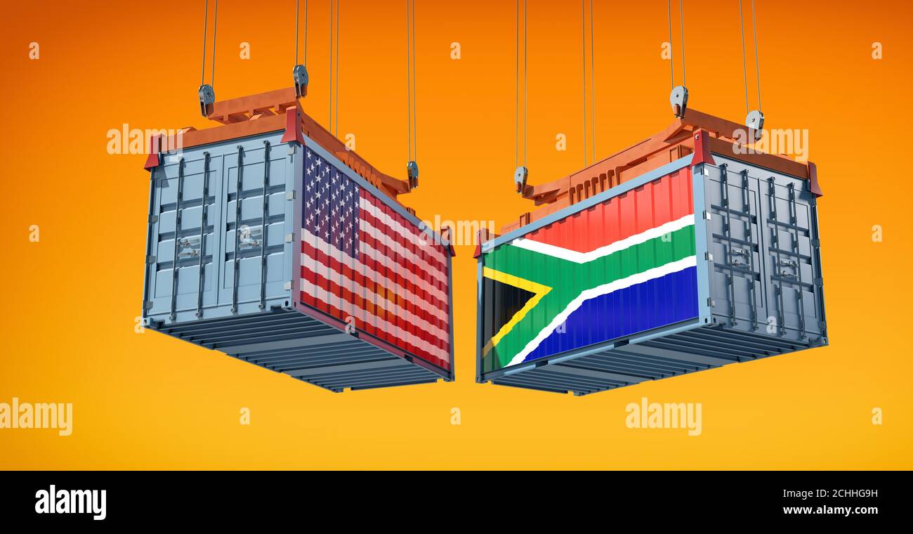 Freight containers with USA and South Africa flag. 3D Rendering Stock