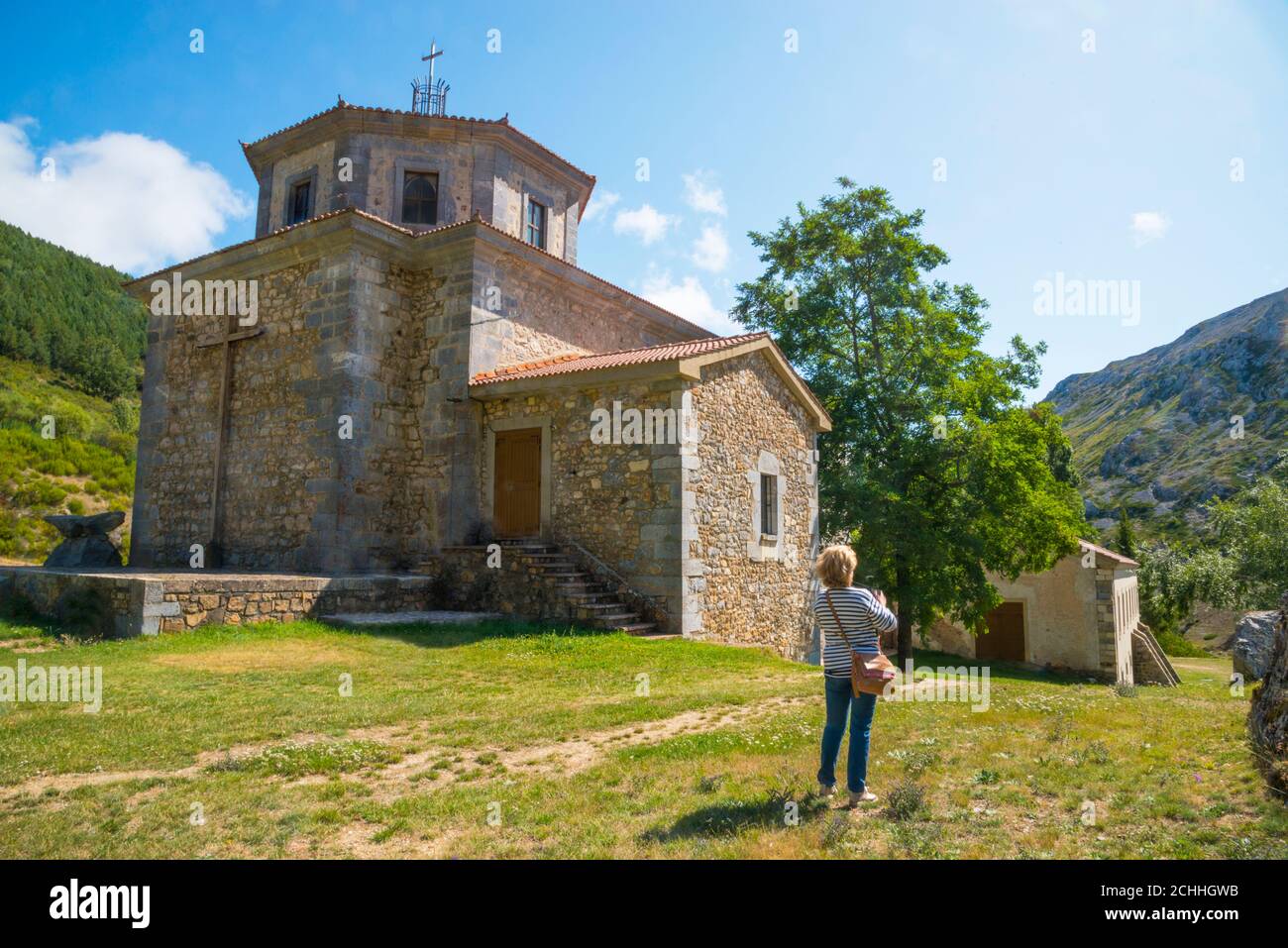 Tourist at El Brezo sanctuary. Villafria de la Peña, Palencia province, Castilla Leon, Spain. Stock Photo