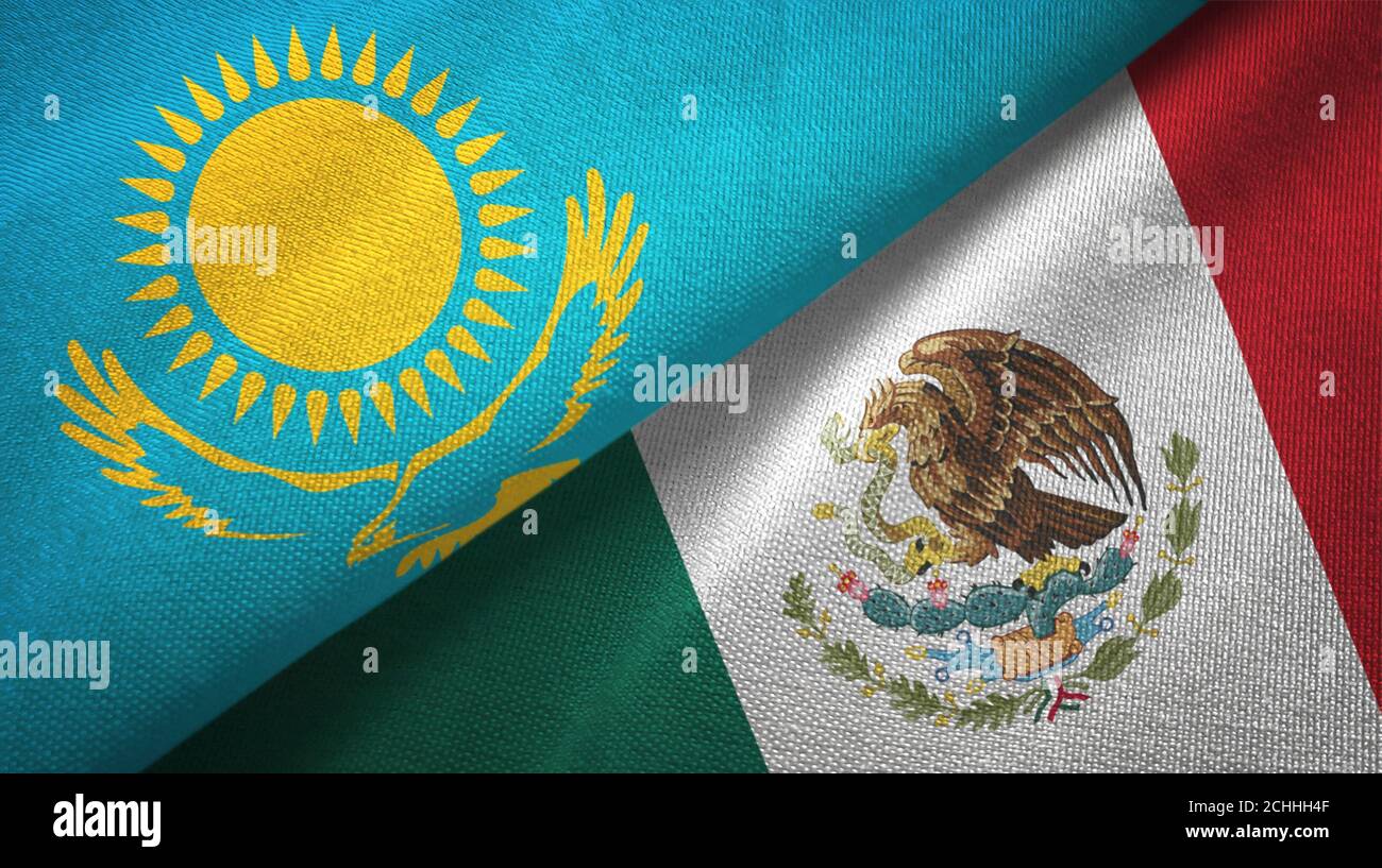 Kazakhstan and Mexico two flags textile cloth, fabric texture Stock ...