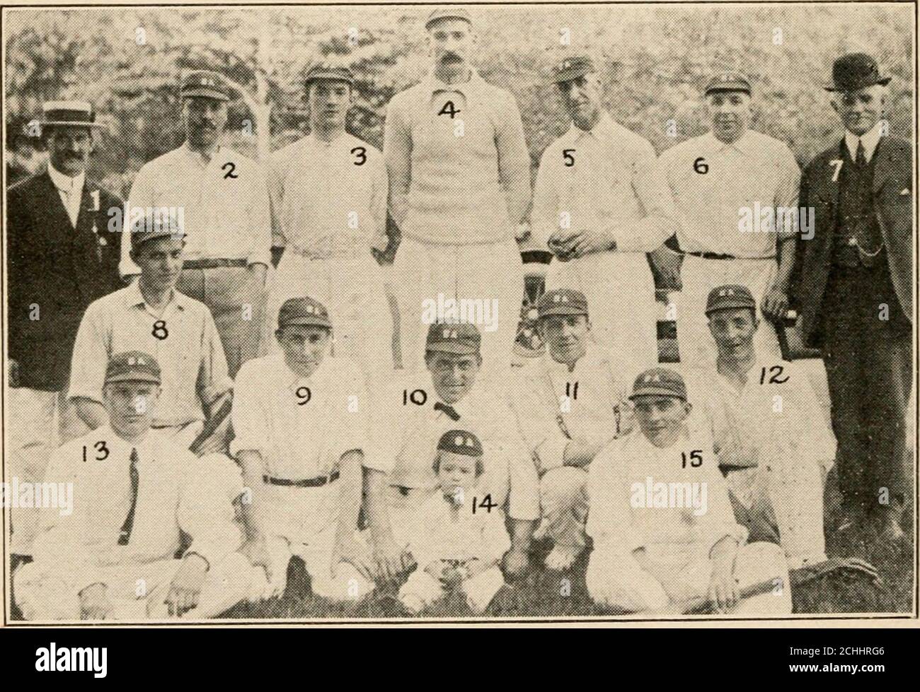 . Spalding's official cricket guide; with which is incorporated the American cricket annual . TENNYSON CRICKET CLUB, IlllIyADELrniA, PA. iJaii. !&lt;.. r..ul, rhoto.. 1, Towus, Scorer; 2, Jvulsoii; .3. J. Skinner; 4. Dodson; ., Holyoke; 6, Chandler;7, G. Hare, Pres.; 8, P. Skinner; &lt;J, King; 10, H. Goodwin; 11, Coyne; 12,Dawson: 13, MoAflam; 14. J. Goodwin, Mascot; 15, Langridge. BRITISH-AMEKICAN CRICKET CLUB, ROCHESTER, N. Y. SPALDINGS OFFICIAL CRICKET GDIDE. 29 R. K E.11.C.I).H.R.F.W Bonnor L. Stointhal.. Fitt Ings. BATTING .SO. R.Aver. 3 41 41.001 88 29.33 0 192 27.43 1 45 22..500 45 22. Stock Photo