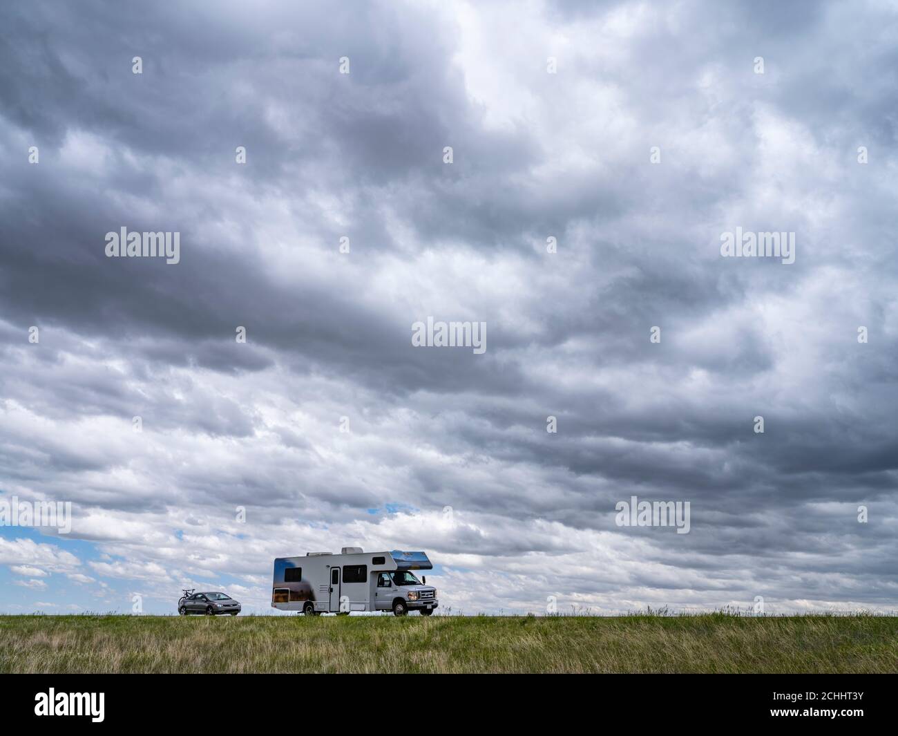 Motor home stopped on side of highway, Wyoming USA Stock Photo