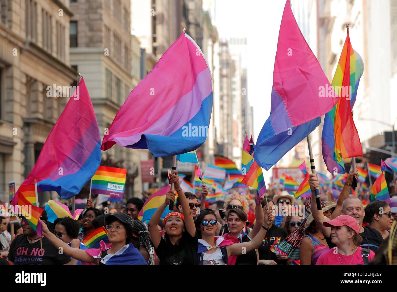 People participate in the 2019 World Pride NYC and Stonewall 50th LGBTQ Pride parade in New York, U.S., June 30, 2019.  REUTERS/Lucas Jackson Stock Photo