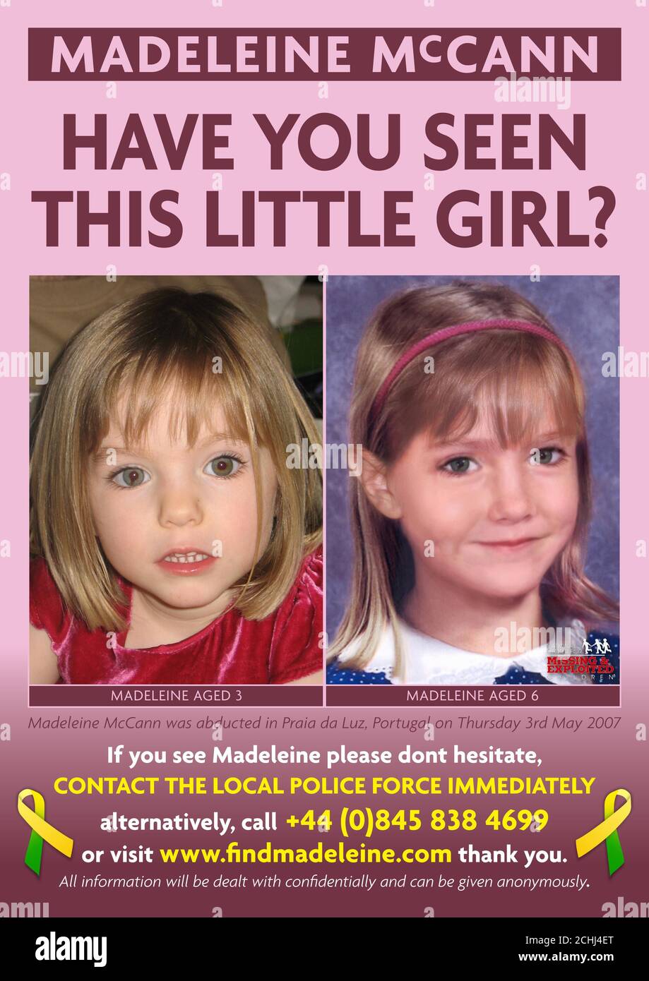 This is one of two new posters being released by the Find Madeleine Campaign which show Madeleine McCann as she was aged three, and how she might look now, aged six. Madeleine was abducted in Praia da Luz, Portugal, on May 3, 2007. Stock Photo