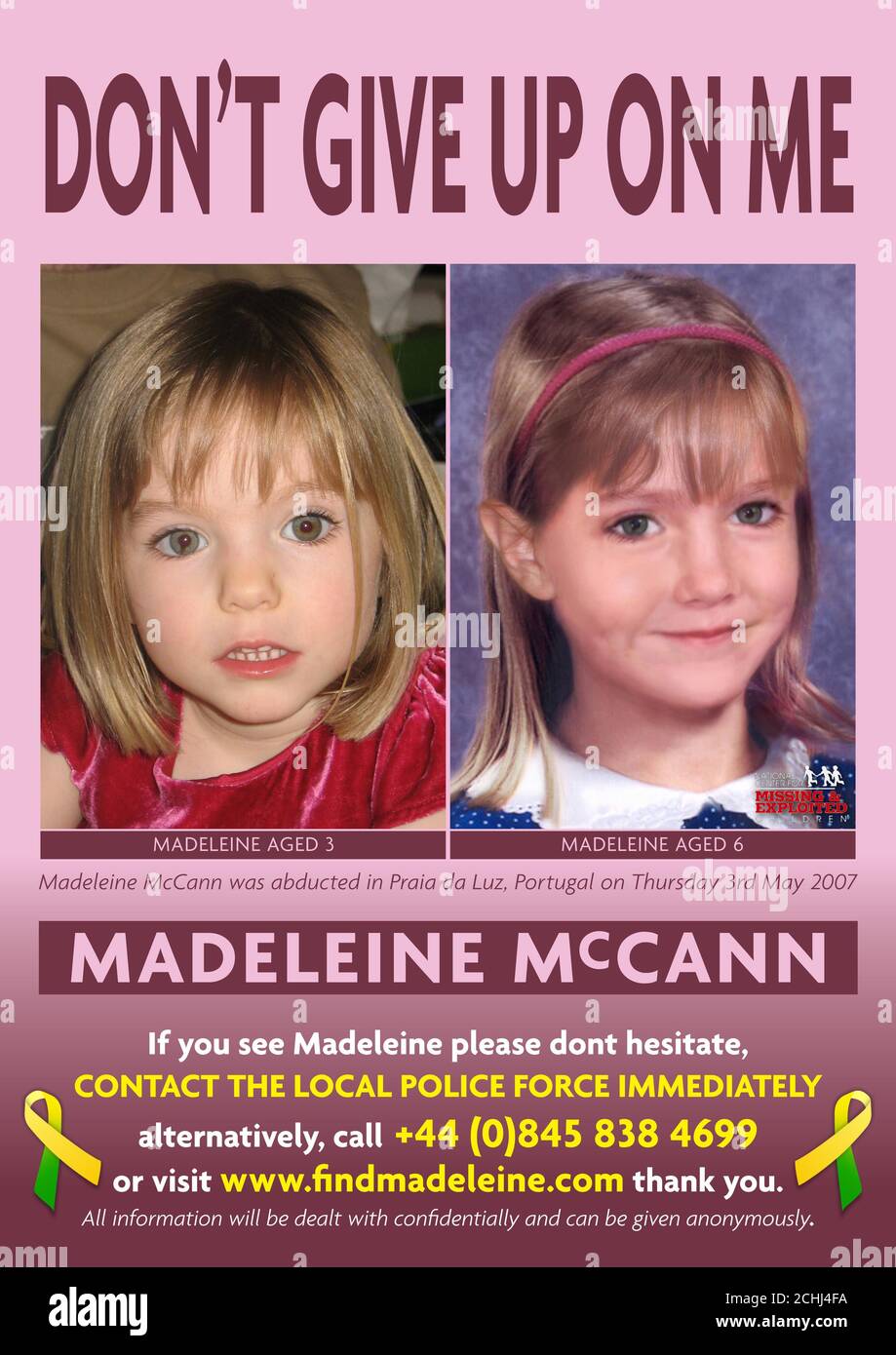 This is one of two new posters being released by the Find Madeleine Campaign which show Madeleine McCann as she was aged three, and how she might look now, aged six. Madeleine was abducted in Praia da Luz, Portugal, on May 3, 2007. Stock Photo