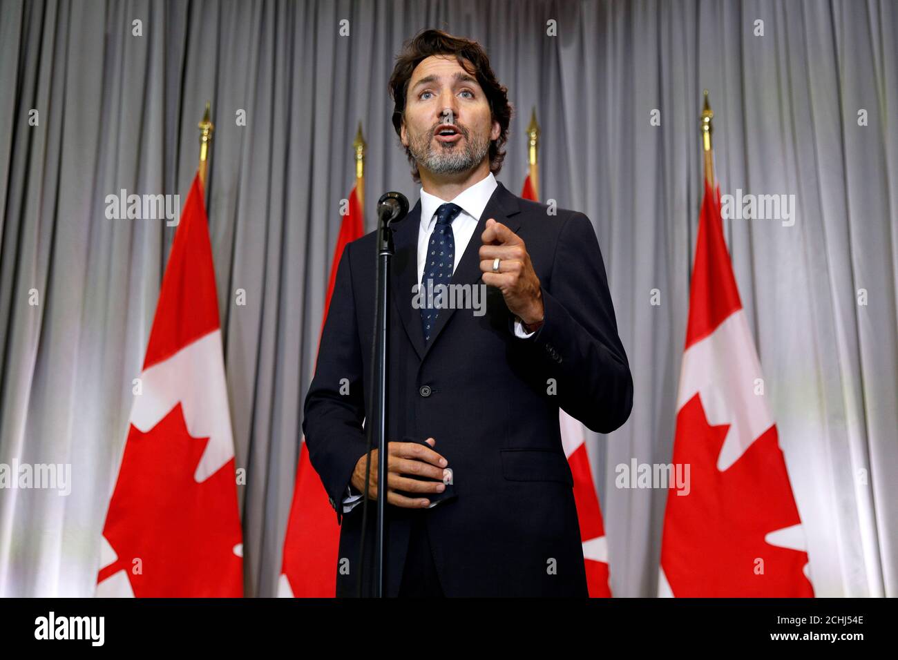 Canada's Prime Minister Justin Trudeau speaks during a news conference at a cabinet retreat in Ottawa, Ontario, Canada September 14, 2020.  REUTERS/Blair Gable Stock Photo
