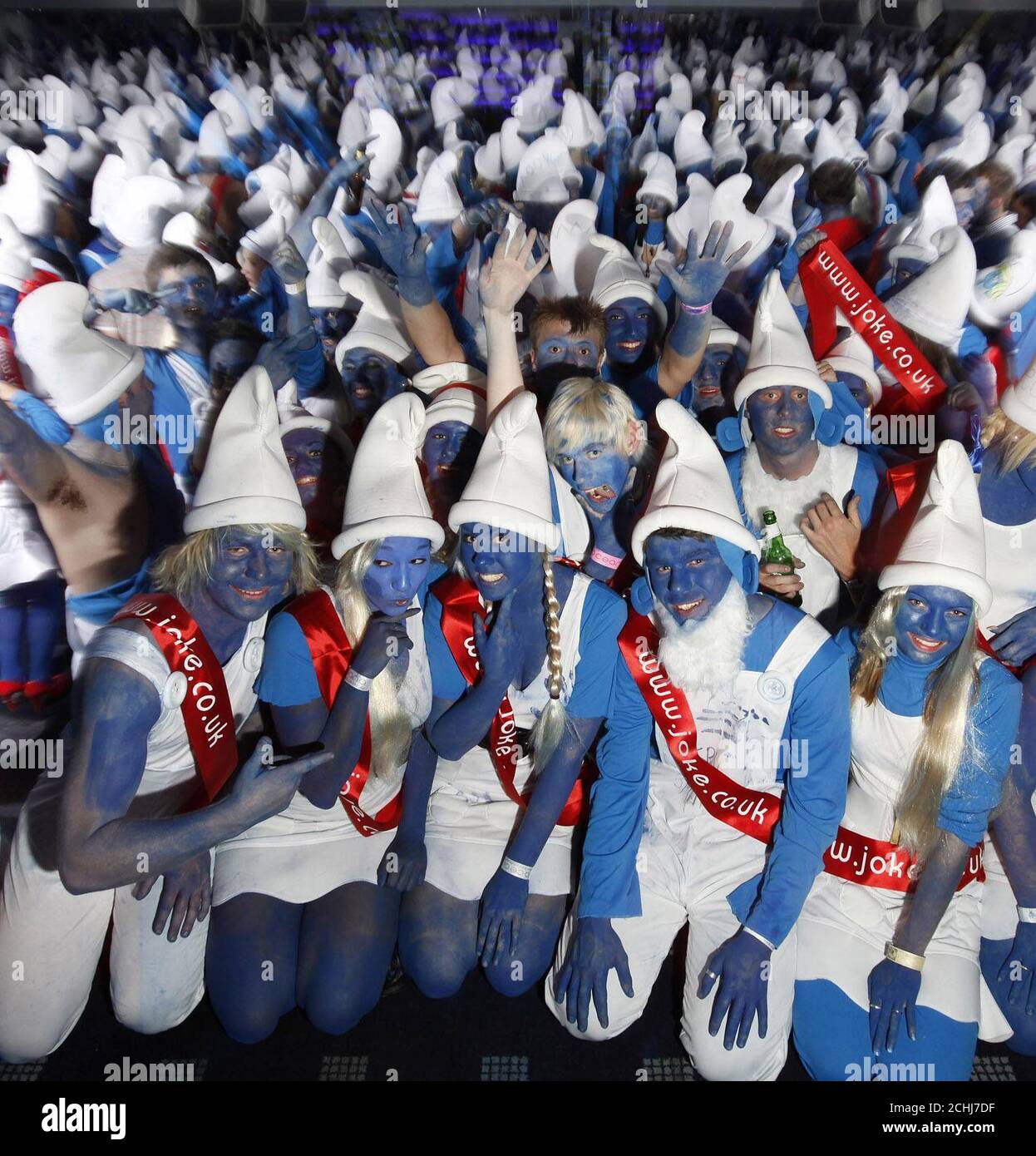 The scene in the Oceana nightclub in Swansea where 2,510 people, the majority of whom were students from the local university, gathered to smash the world record for the largest number of people dressed as Smurfs. Stock Photo