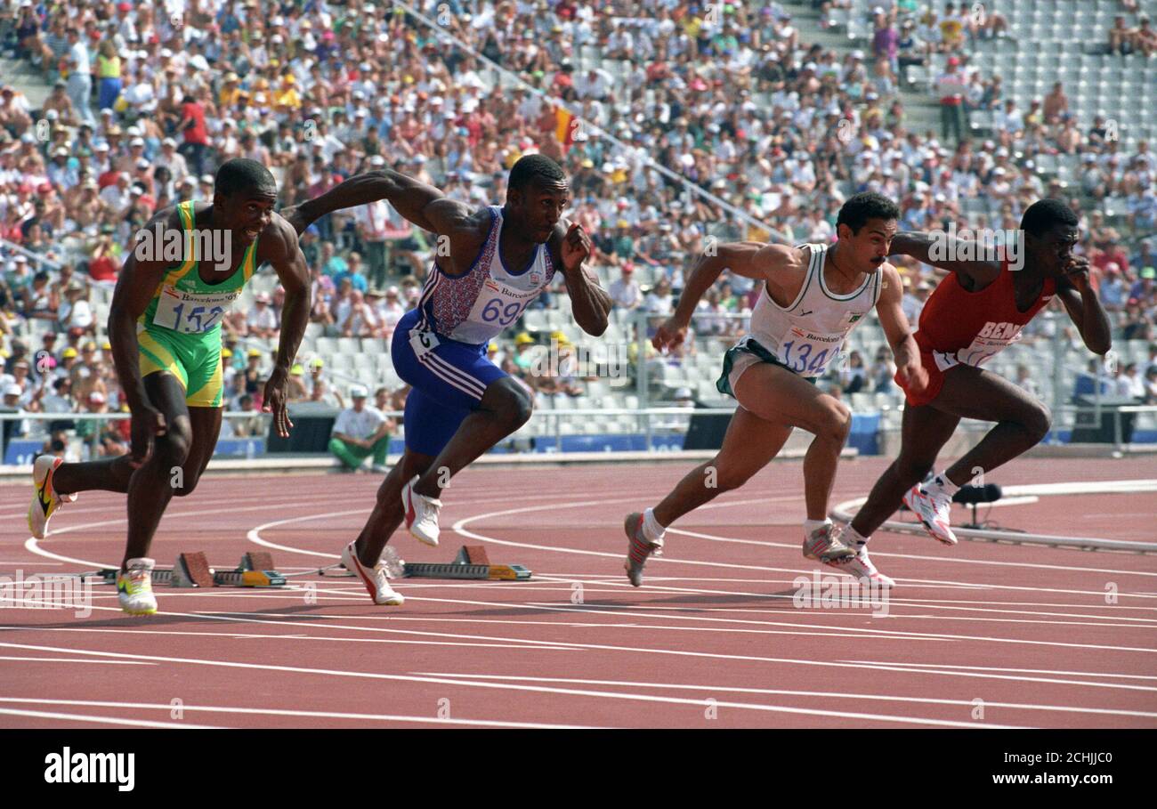 Linford Christie (2nd left) starts his effort for Olympic gold in his Heat of the 100m in the Olympic Stadium, Barcelona. Stock Photo