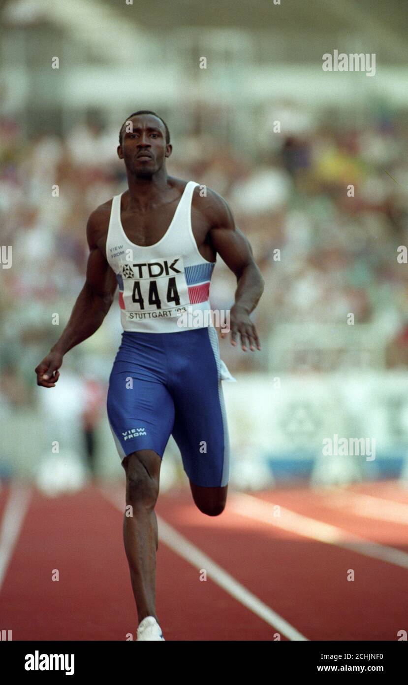Linford Christie in action in the Men's 100m in the World Championships in Stuttgart. Stock Photo