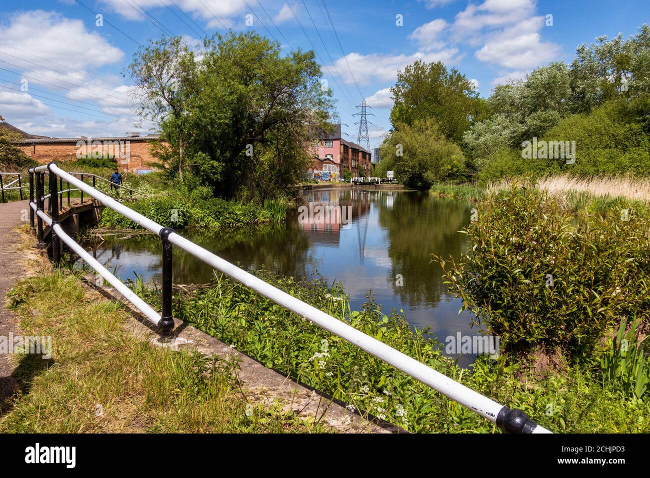 The River Soar flows though Aylestone Meadows Local Nature Reserve,  Leicester's largest nature reserve, England Stock Photo