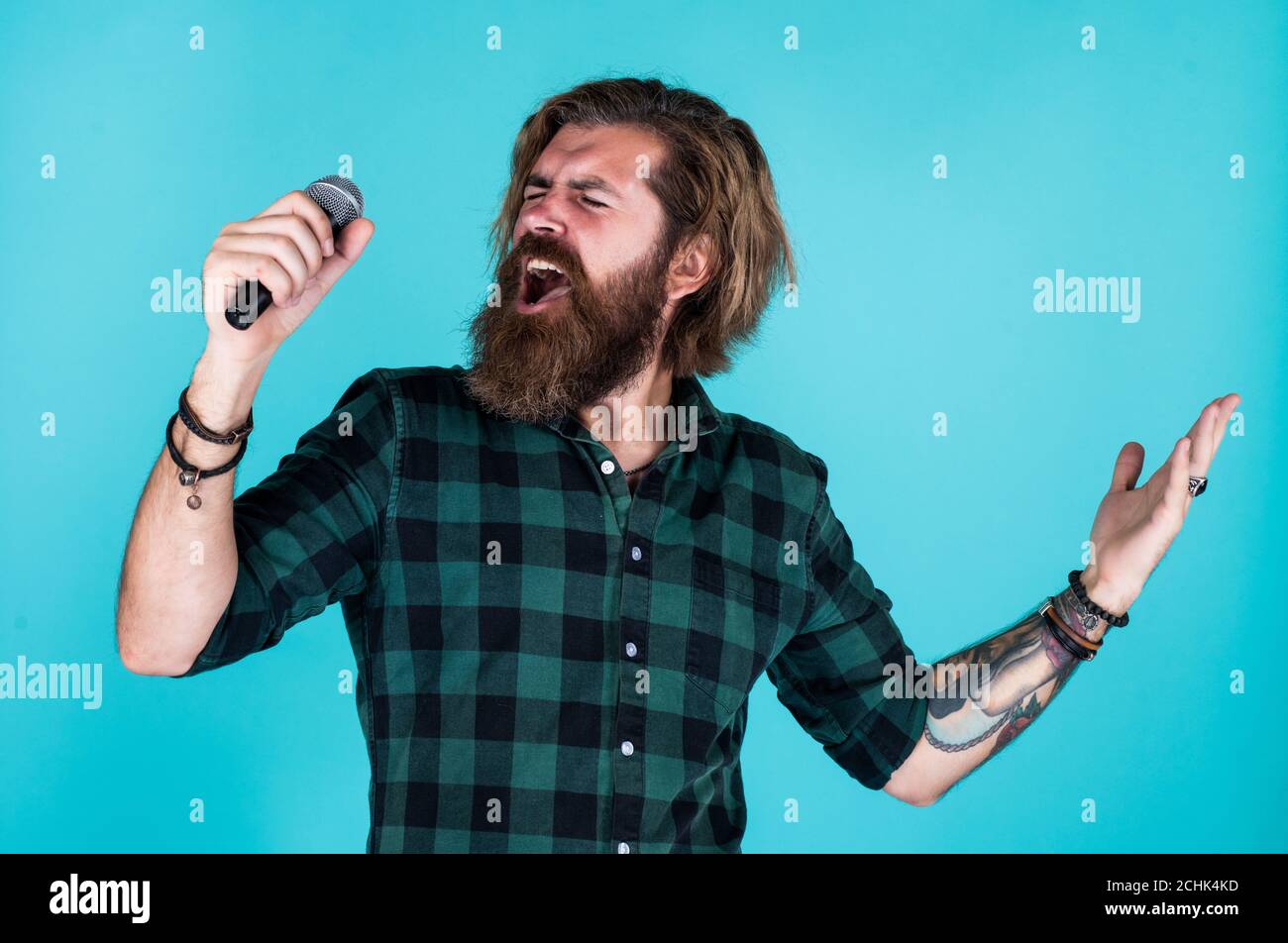 Express Yourself Bearded Man Wear Checkered Shirt Singing Song Male Singer With Mic Concept 5823