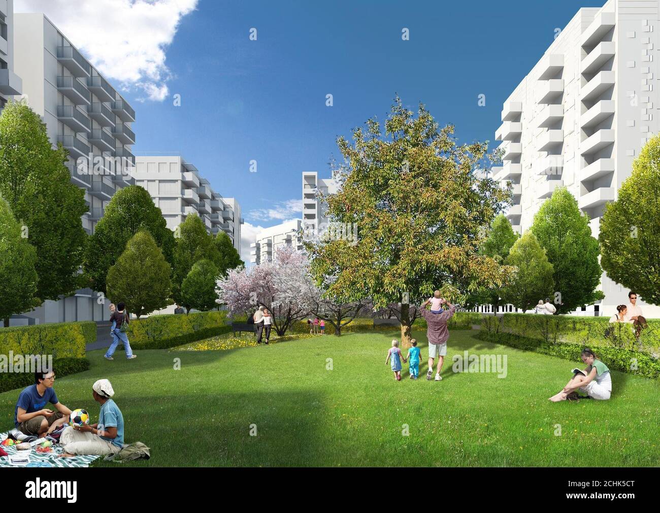 Olympic Delivery Authority Computer Generated Image Showing Proposals For The Landscaped Areas Surrounding The Athletes Village Plans For Thousands Of New Trees Parks Play Areas And Open Spaces To Support The New