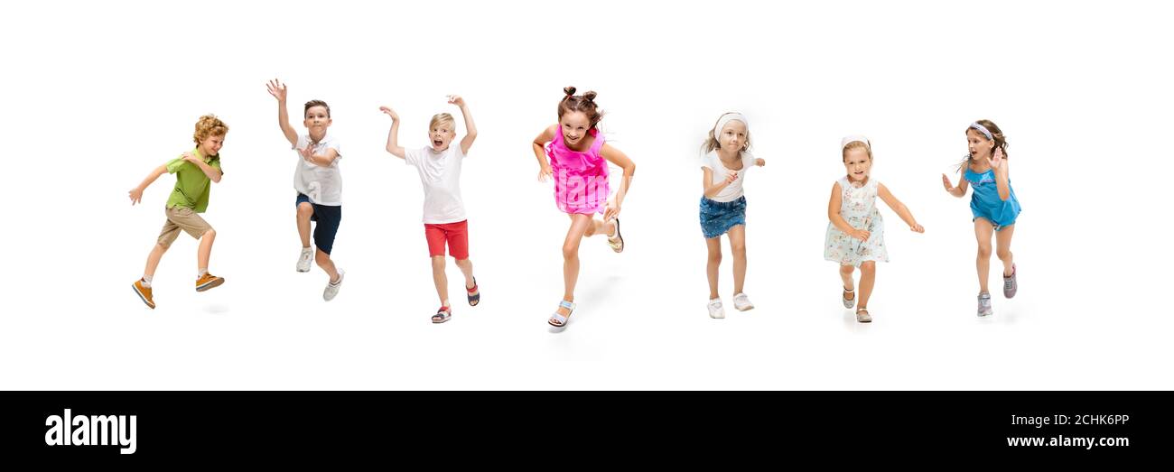 Happy children, little and emotional caucasian kids jumping and running ...