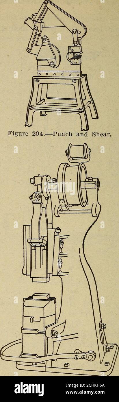 . Sheet metal workers' manual; a complete, practical instruction book on the sheet metal industry, machinery and tools, and related subjects, including the oxy-acetylen welding and cutting process . Figure 293.—Lever Drill. can be readily drilled. It may be driven by a y2 H. P.motor. Punch and Shear.-—This is a machine -tool, now madeof armor plate steel and stronger than the old cast irontype which weighed four times as much. It is usuallyfurnished with three punches, of varying sizes up to y2-inch, and is used for punching holes in plate metal, alsofor cutting metal rods and bars.. Figure 29 Stock Photo