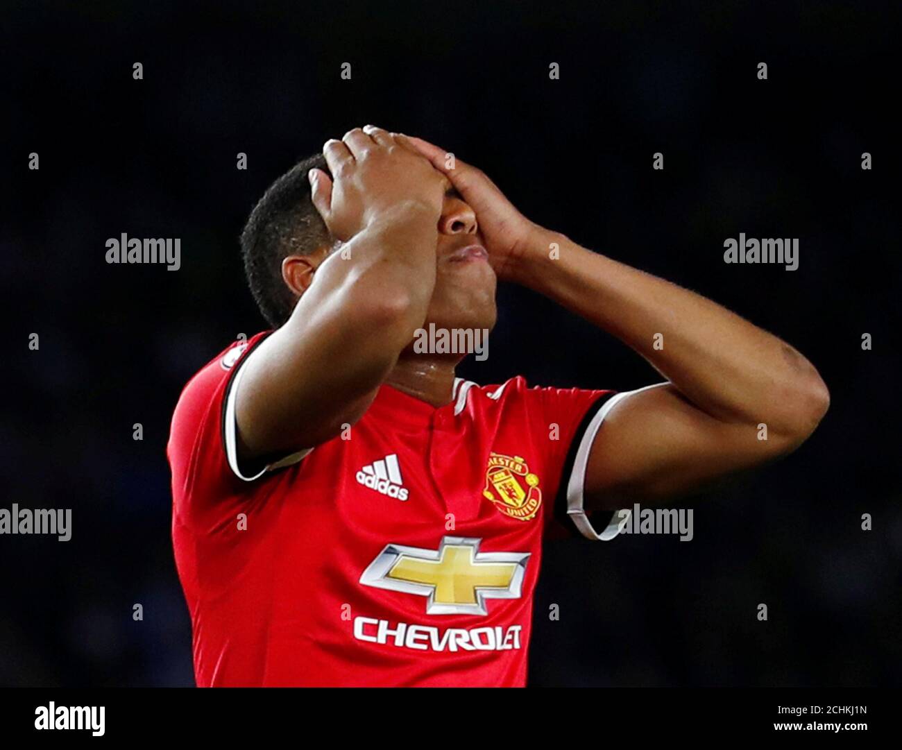 Soccer Football - Premier League - Brighton & Hove Albion v Manchester United - The American Express Community Stadium, Brighton, Britain - May 4, 2018 Manchester United's Anthony Martial reacts after a missed chance REUTERS/Eddie Keogh EDITORIAL USE ONLY. No use with unauthorized audio, video, data, fixture lists, club/league logos or "live" services. Online in-match use limited to 75 images, no video emulation. No use in betting, games or single club/league/player publications. Please contact your account representative for further details. Stock Photo