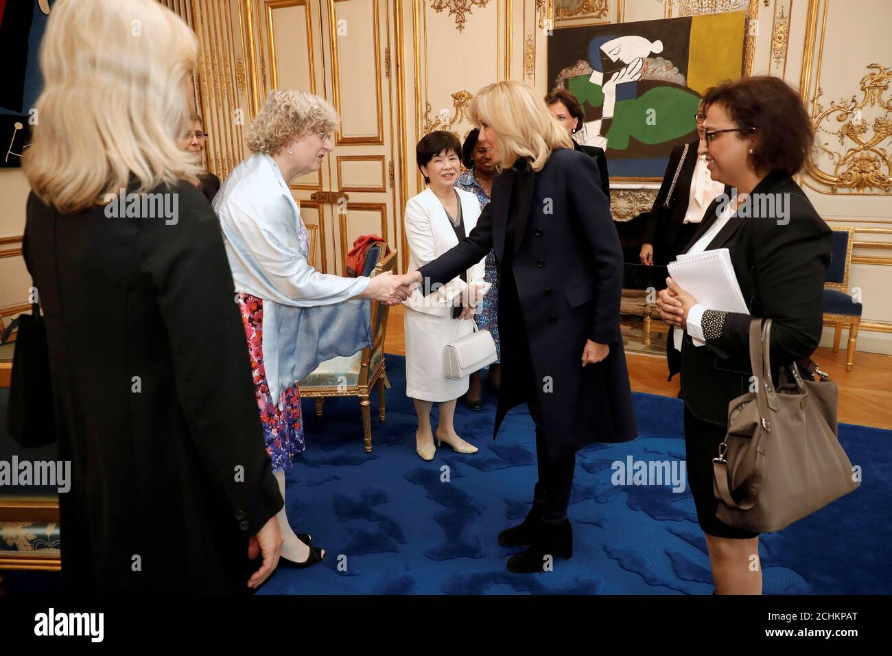 Brigitte Macron, wife of the French president, meets with the five awarded  women of the 'L'Oreal-Unesco International Prize for Women and Science' at  the Elysee Palace in Paris, France, March 11, 2019.