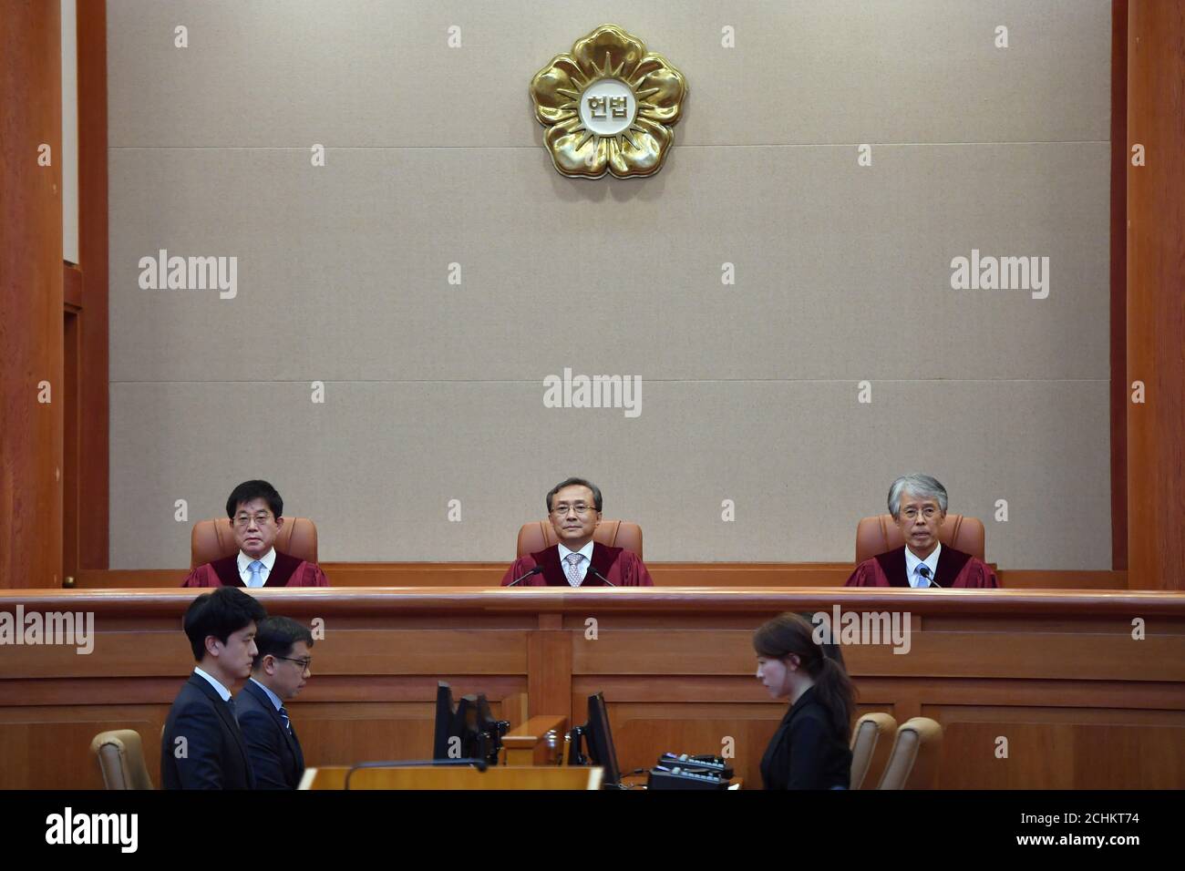 South Korea's Constitutional Court chief judge Yoo Nam-seok and other judges sit for the ruling on decriminalisation of abortion at the court in Seoul, South Korea April 11, 2019. Jung Yeon-je/Pool via REUTERS Stock Photo