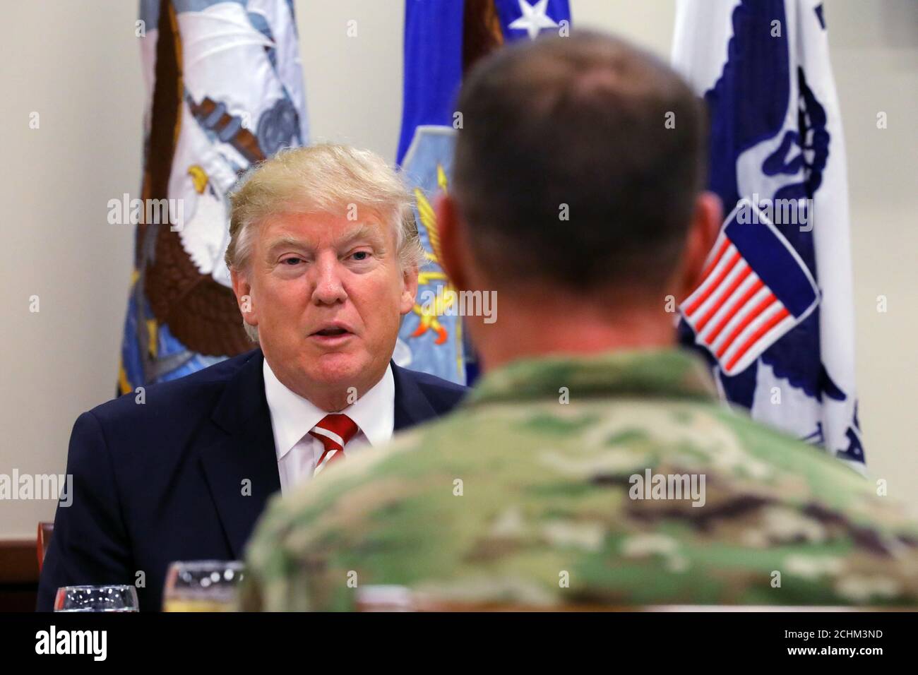 U.S. President Donald Trump attends a lunch with members of the U.S. military during a visit at the U.S. Central Command (CENTCOM) and Special Operations Command (SOCOM) headquarters in Tampa, Florida, U.S., February 6, 2017. REUTERS/Carlos Barria Stock Photo