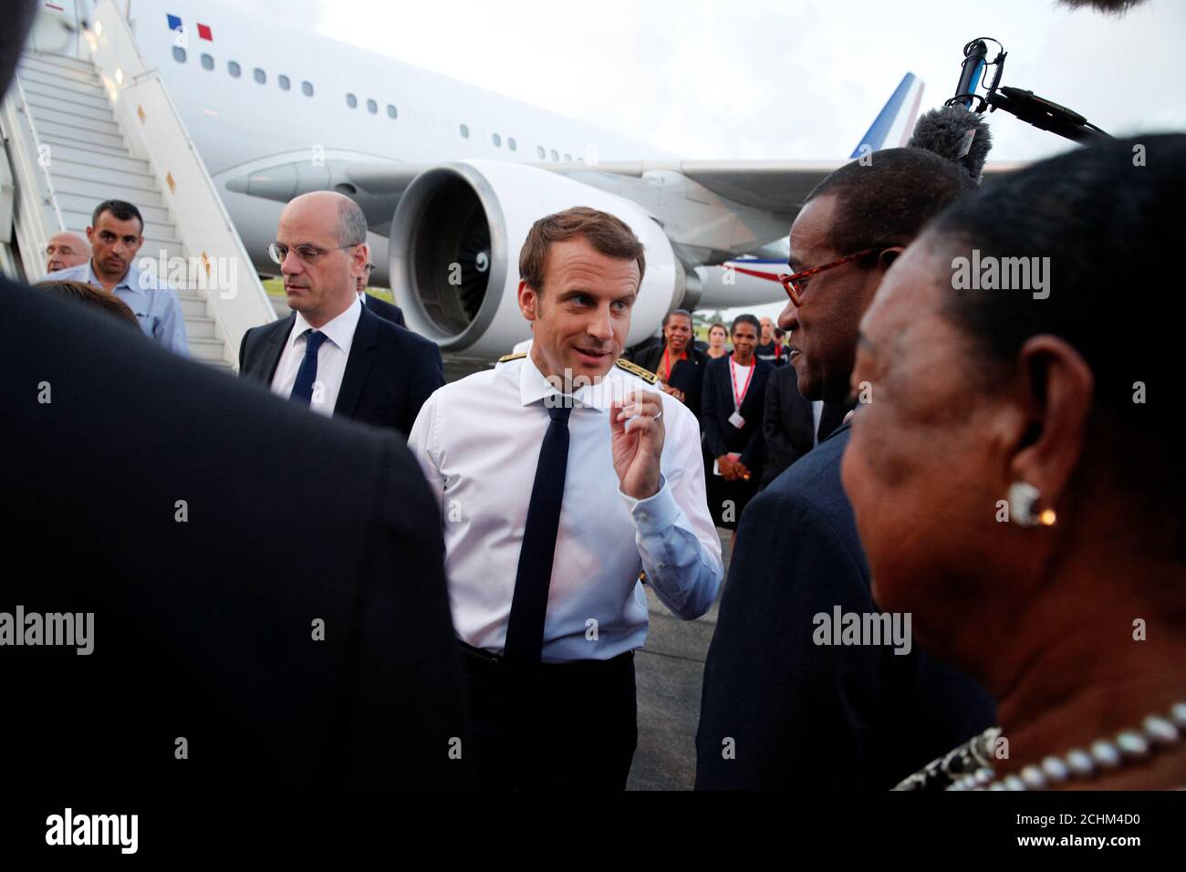 France S President Emmanuel Macron Meets Officials On The Tarmac Of Pointe A Pitre Airport Upon His
