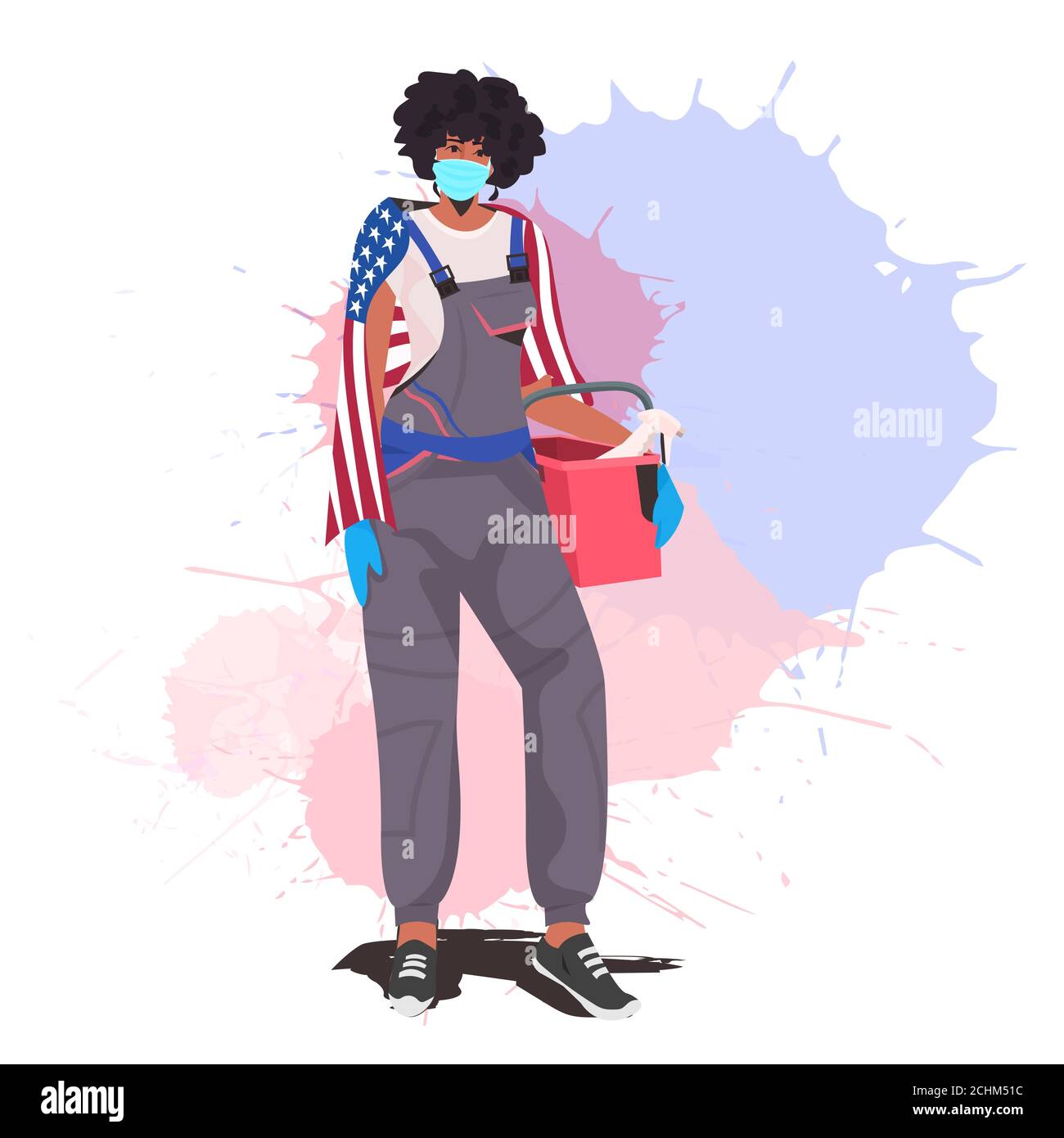 female janitor with USA flag holding bucket with tools labor day celebration cleaning service concept full length vector illustration Stock Vector