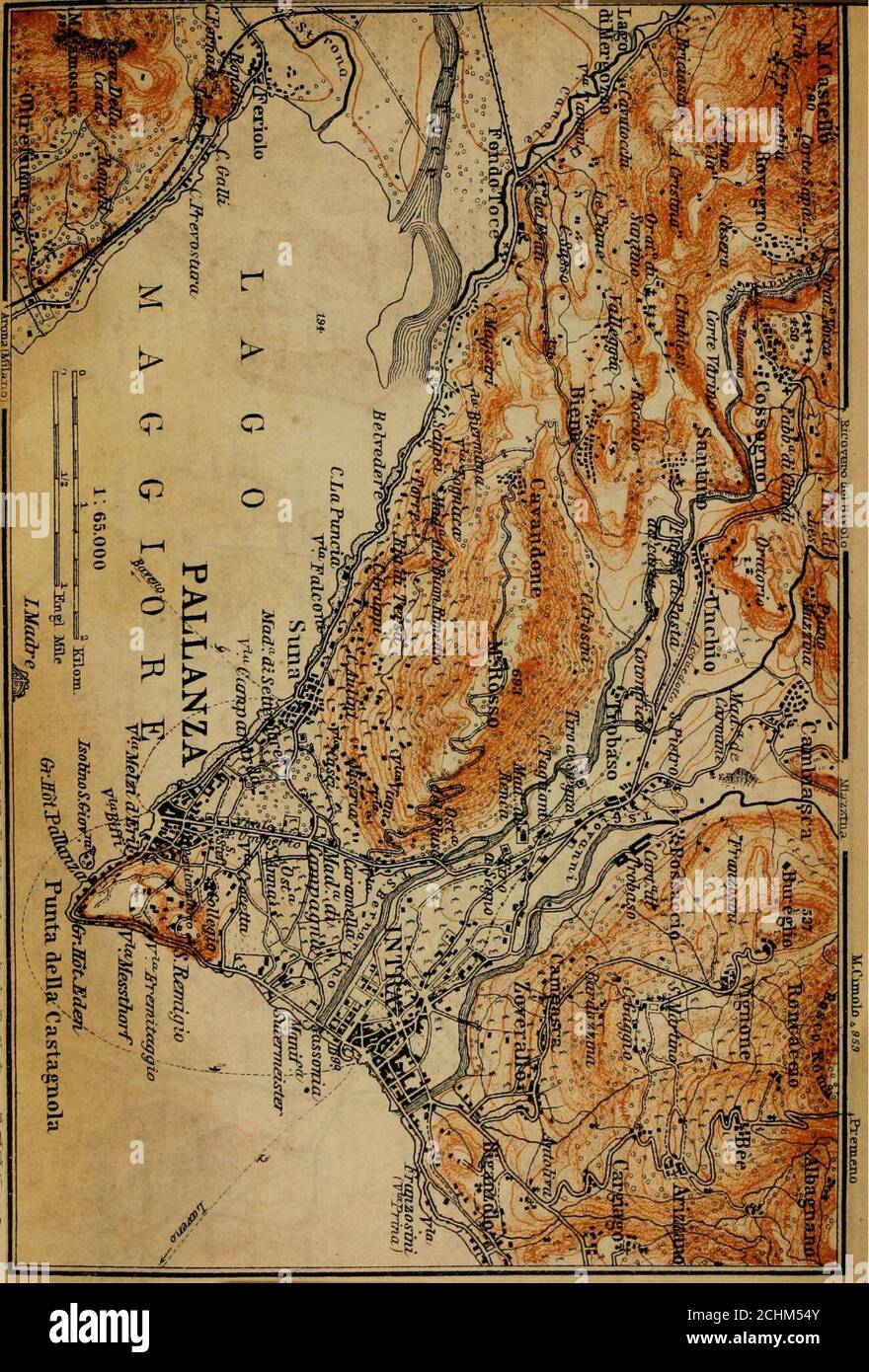 . Switzerland: and the adjacent portions of Italy, Savoy, and Tyrol : handbook for travellers . ntOrfano , and by a live-arched bridge over the Tosa to rail. stat.Oravellona (p. 503; 5 M. from Baveno, p. 601). In the S.W. corner of the bay lies Feriolo, 23/4 M. from Ora-vellona (p. 503). The large granite quarries on the hillside be-tween Feriolo and Baveno furnished the material for the columnsin Milan cathedral, the church of San Paolo fuori le Mura at Rome,and other buildings. The Simplon Railway (p. 503) skirts the lake-bank in numerous rock-cuttings and tunnels. Baveno. — Hotels (all with Stock Photo