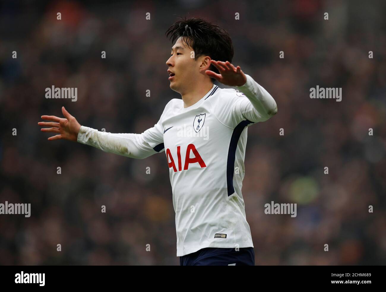 Soccer Football - Premier League - Tottenham Hotspur vs Huddersfield Town - Wembley Stadium, London, Britain - March 3, 2018   Tottenham's Son Heung-min celebrates scoring their second goal    REUTERS/Eddie Keogh    EDITORIAL USE ONLY. No use with unauthorized audio, video, data, fixture lists, club/league logos or 'live' services. Online in-match use limited to 75 images, no video emulation. No use in betting, games or single club/league/player publications.  Please contact your account representative for further details. Stock Photo