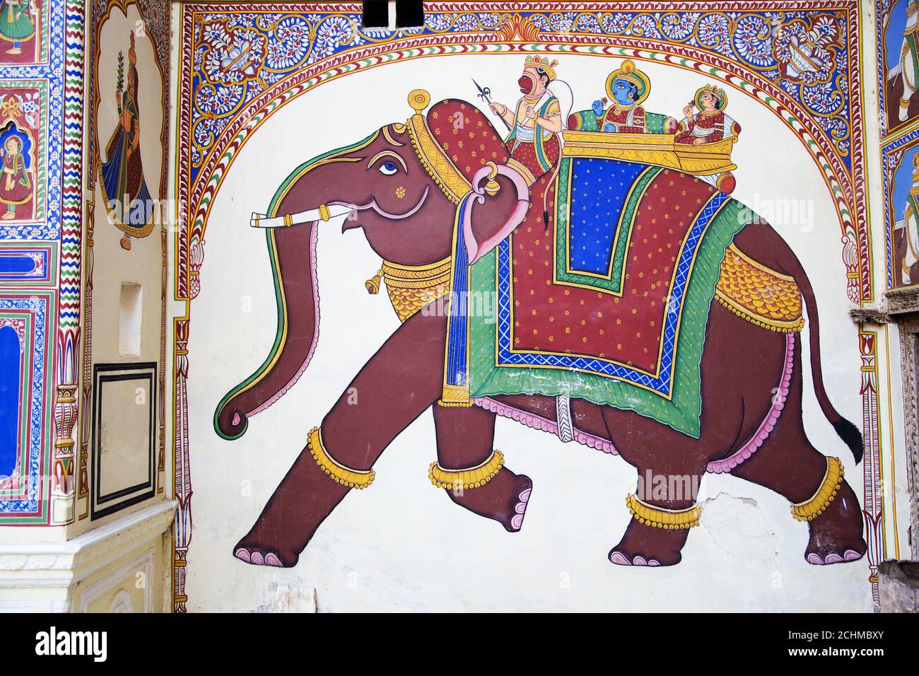 Elephant painted on an indian house, Mandawa Stock Photo