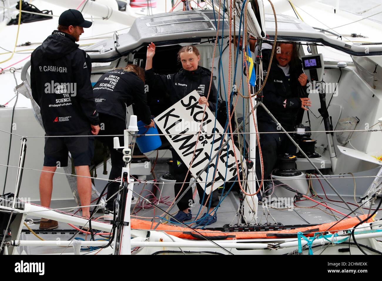 Swedish teenager Greta Thunberg and her sailing team on Malizia II arrive  in New York after making a zero-carbon journey across the Atlantic to  attend a United Nations summit and bring awareness