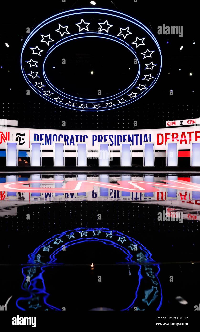 The candidates' podiums stand ready before the fourth U.S. Democratic presidential candidates 2020 election debate at Otterbein University in Westerville, Ohio U.S. October 15, 2019.   REUTERS/Jim Bourg Stock Photo