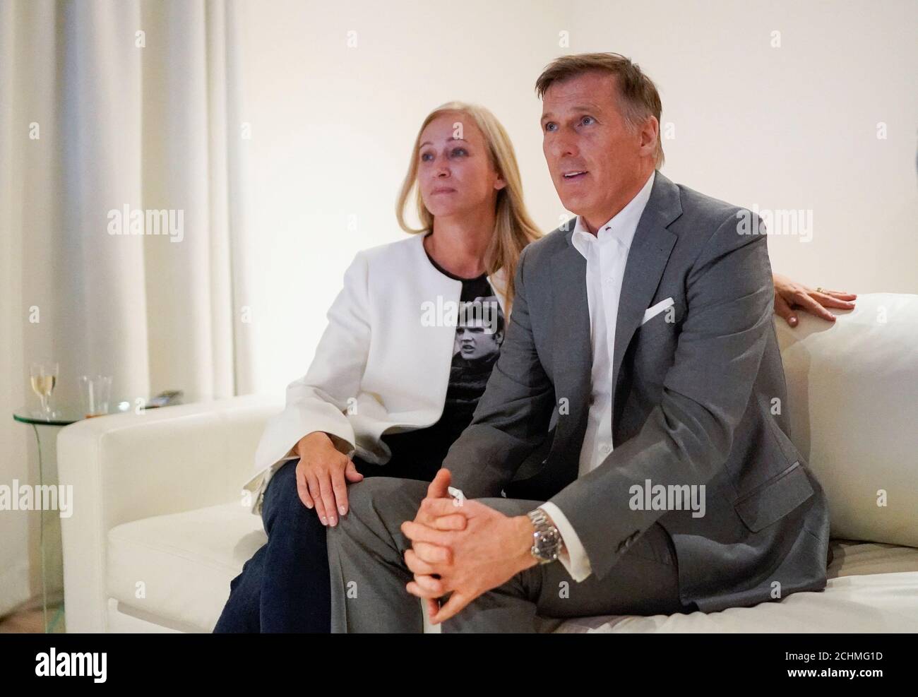 People S Party Of Canada Leader Maxime Bernier Watches The Results With His Wife Christine Letarte In A Federal Election In Beauceville Quebec Canada October 21 2019 Reuters Mathieu Belanger Stock Photo Alamy